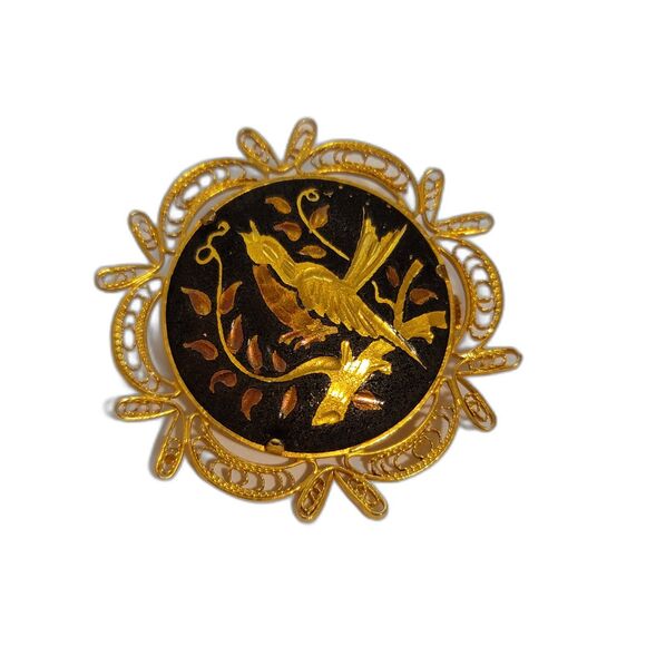Vintage Damascene Gold and Black Brooch - Picture 1 of 3